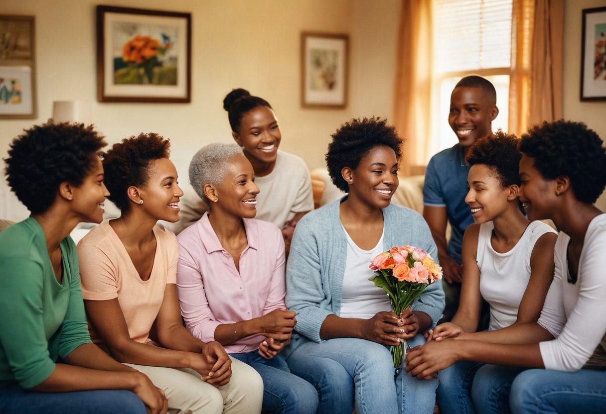 A comforting scene featuring a diverse group of supportive friends and family gathered around a cancer survivor in a cozy, warmly-lit room. The survivor, displaying a hopeful expression, holds a vibrant flower representing resilience. Include elements like cancer awareness ribbons in the background, books on support and resources, and soft, inviting colors. Focus on an atmosphere of hope and community. super-realistic. warm colors. inviting ambiance.