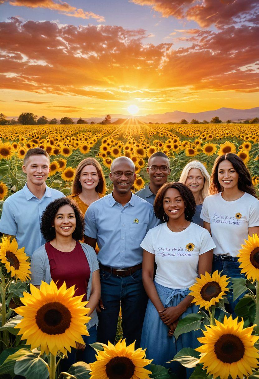 A serene landscape depicting a diverse group of individuals coming together in a supportive community setting, sharing knowledge about cancer advocacy. Include symbols of hope like sunflowers and ribbons intertwined within the scene. The backdrop should feature a warm sunset, emphasizing empowerment and resilience. Emphasize a sense of collaboration and positivity. super-realistic. vibrant colors. warm tones.