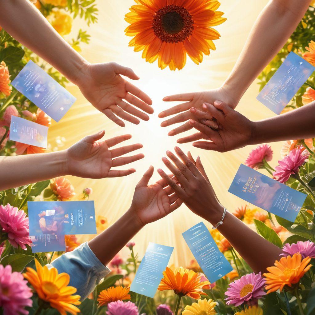 A vibrant composition illustrating diverse individuals engaging in cancer advocacy, surrounded by empowering tools such as pamphlets, smartphones, and digital resources. The scene captures a warm, supportive atmosphere with sunlight streaming in, symbolizing hope and resilience. Include elements that represent community and unity, such as hands coming together and a backdrop of blooming flowers. super-realistic. vibrant colors. warm tones.